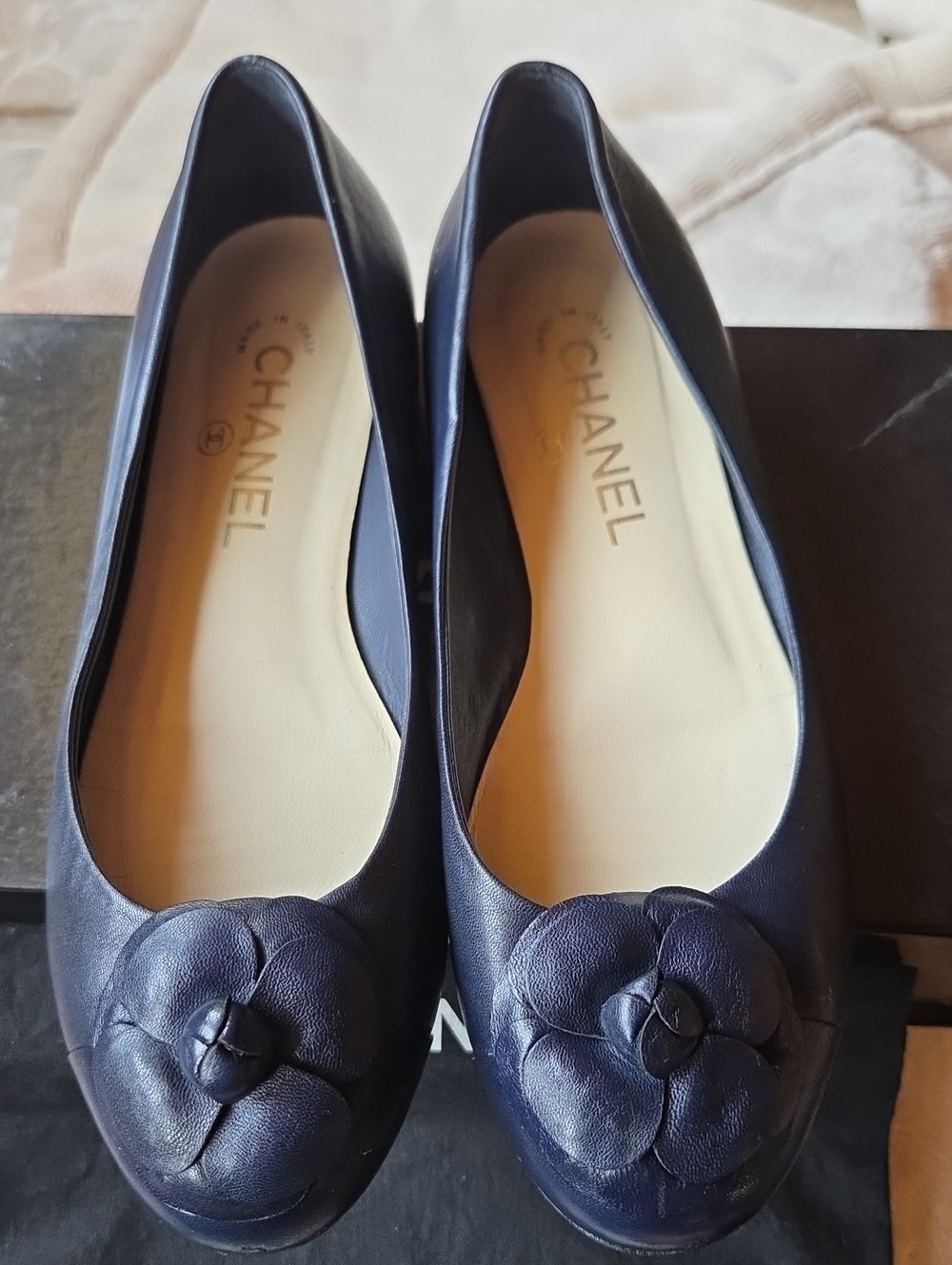 CHANEL Navy Leather Camellia Ballet Flats